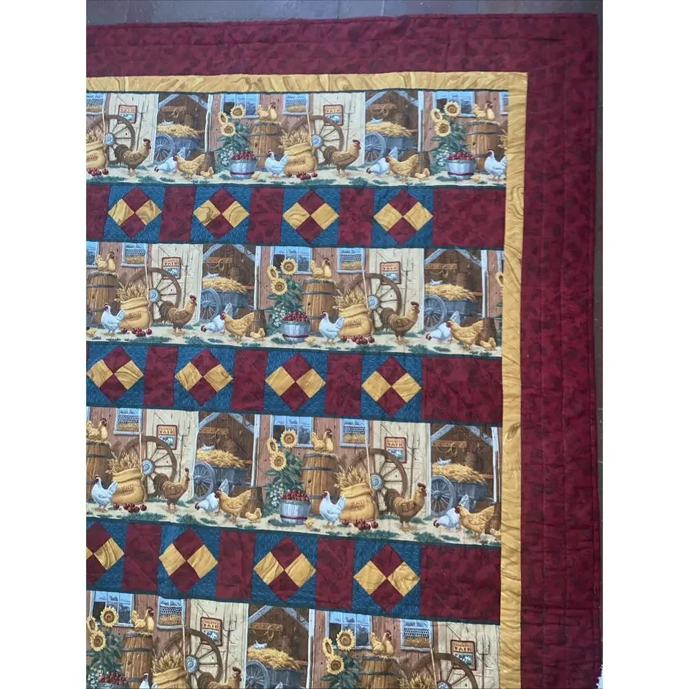 Handmade Chicken Farm Quilt Red Gold Teal Country Blanket Throw 60”x 58”